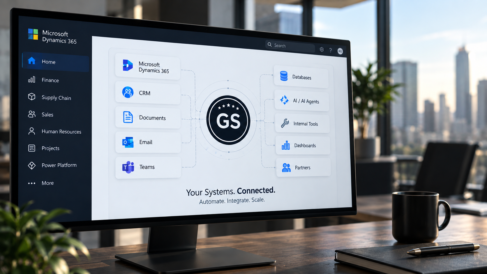 Illustrative concept visual: a Gilic Systems orchestration layer connecting Microsoft Dynamics 365, CRM, documents, email, team collaboration, databases, AI and dashboards